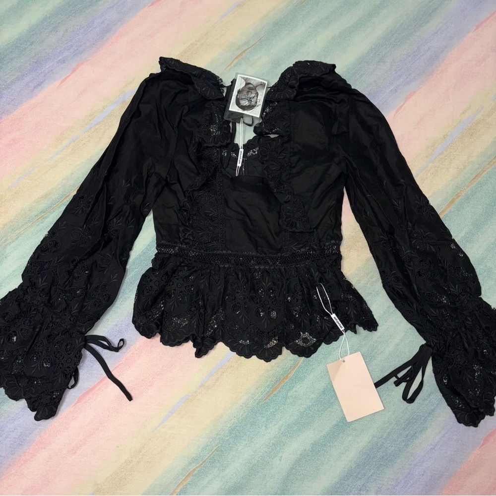 NWT Self Portrait Black Lace Embroidered Square Neck Blouse Size 2 - Picture 7 of 7